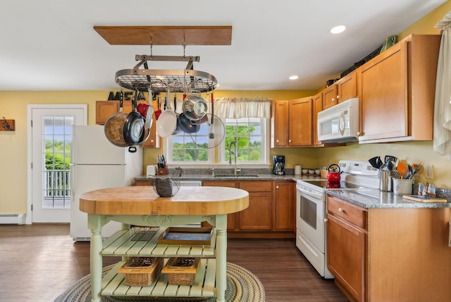 49 Megquier Rd, Gray, ME 04039 - kitchen featuring white appliances, healthy amount of natural light, a baseboard heating unit, dark wood-style floors, and recessed lighting