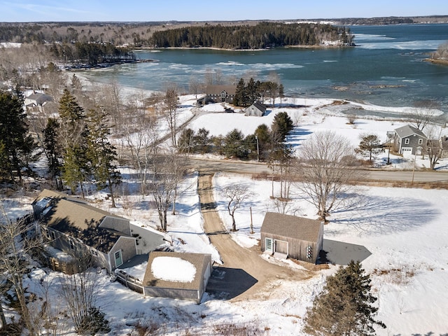 snowy aerial view with a water view