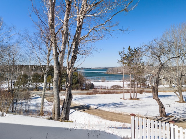 snowy yard with a water view