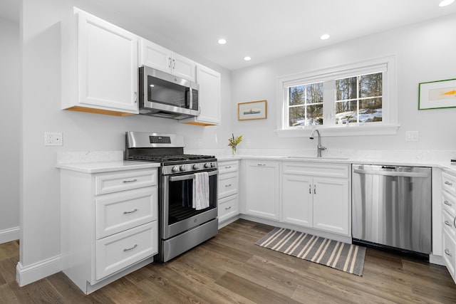 kitchen with stainless steel appliances, dark wood finished floors, and a sink