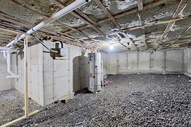 unfinished basement featuring water heater