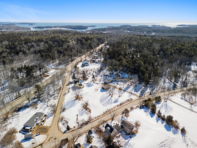 snowy aerial view with a wooded view