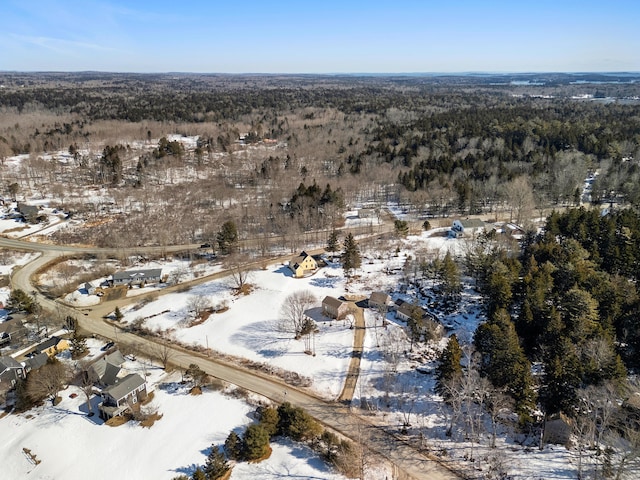 snowy aerial view featuring a view of trees