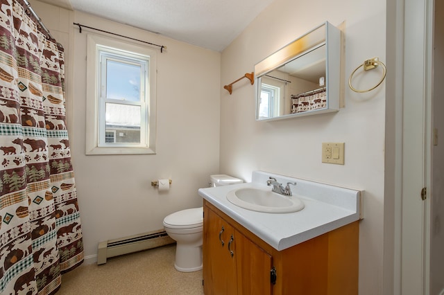 bathroom featuring baseboard heating, vanity, toilet, and a shower with curtain