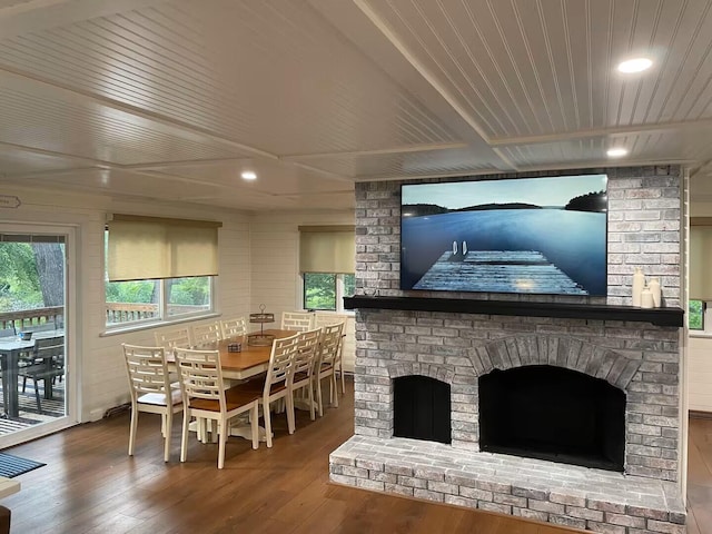 interior space featuring wood-type flooring, wooden ceiling, and recessed lighting