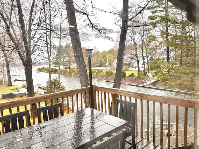 7 Birch Dr, Raymond, ME 04071 - wooden deck with outdoor dining area and a water view