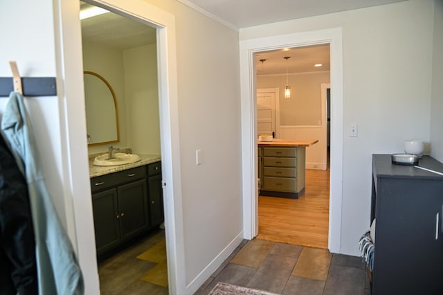 bathroom with wood finished floors, crown molding, and vanity