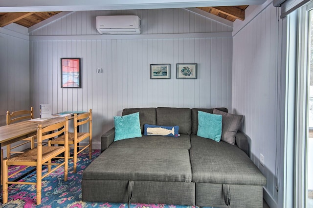 living area with lofted ceiling and a wall mounted air conditioner