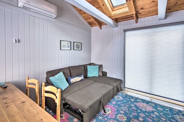 living room with an AC wall unit, vaulted ceiling with skylight, and wooden ceiling