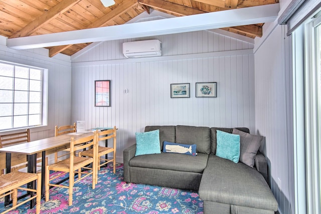 living area featuring wood ceiling, a healthy amount of sunlight, a wall mounted air conditioner, and lofted ceiling with beams