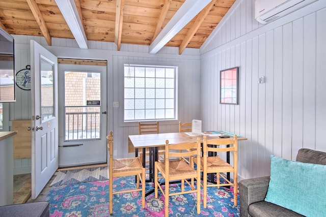 dining area featuring wooden ceiling, vaulted ceiling with beams, and a wall mounted AC