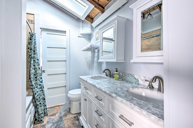 full bath featuring a skylight, stone finish flooring, a sink, and toilet