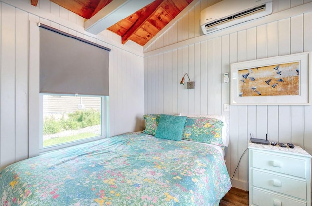 bedroom with wooden ceiling, a wall unit AC, vaulted ceiling with beams, and wood finished floors