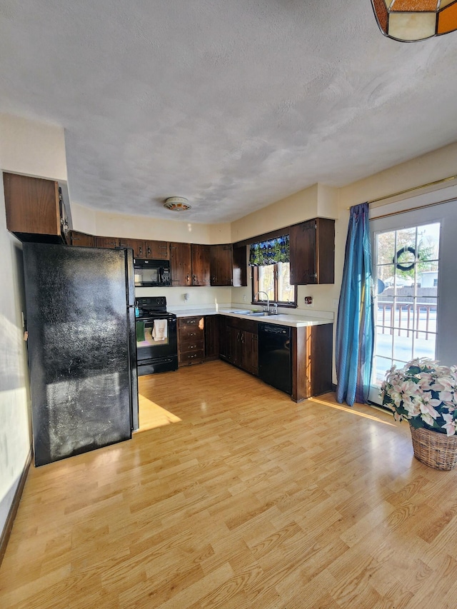 kitchen featuring dark brown cabinets, black appliances, light wood-style flooring, and light countertops