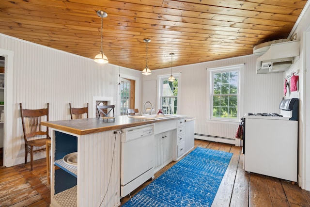 kitchen with hardwood / wood-style floors, gas stove, a baseboard radiator, white dishwasher, and a sink