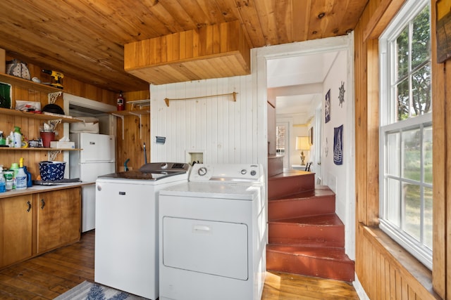 laundry area featuring laundry area, plenty of natural light, wood-type flooring, and washing machine and clothes dryer