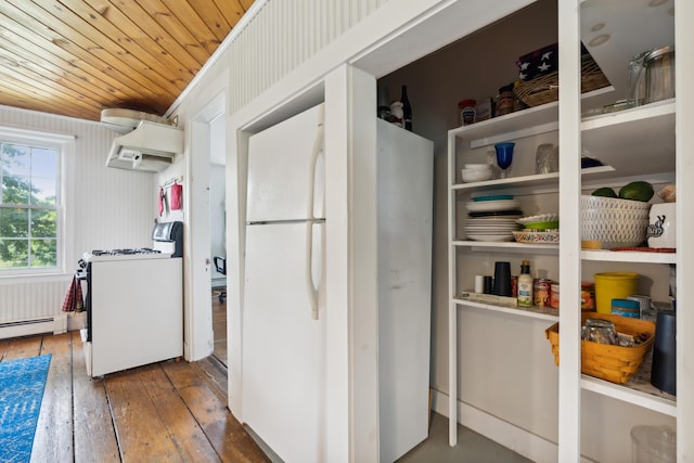 kitchen with under cabinet range hood, range with gas stovetop, hardwood / wood-style floors, freestanding refrigerator, and wood ceiling