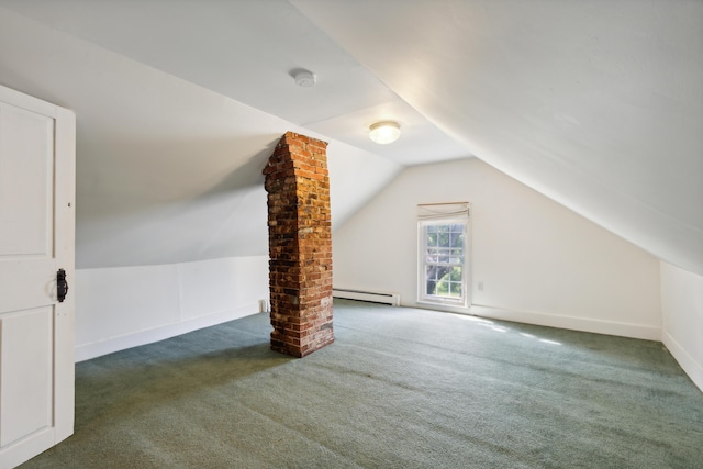 additional living space with lofted ceiling, carpet flooring, baseboards, and baseboard heating