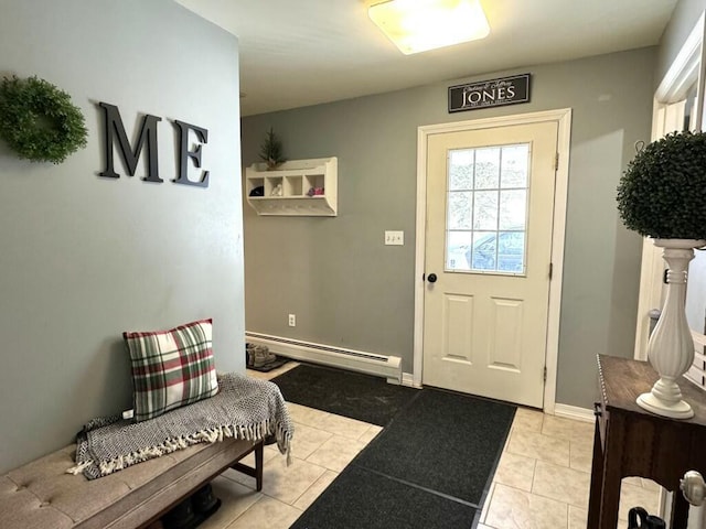 doorway featuring a baseboard heating unit, light tile patterned floors, and baseboards