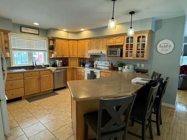 kitchen with electric range, dishwasher, under cabinet range hood, open shelves, and a sink