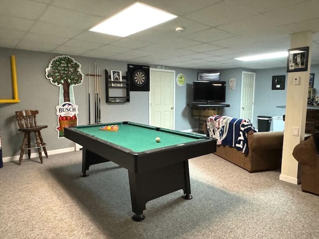 rec room featuring carpet, a drop ceiling, billiards, and baseboards