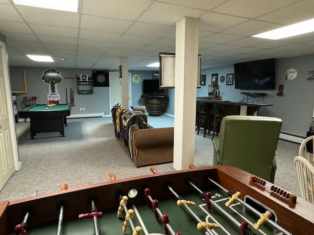 playroom with a drop ceiling, a baseboard heating unit, pool table, carpet flooring, and baseboard heating