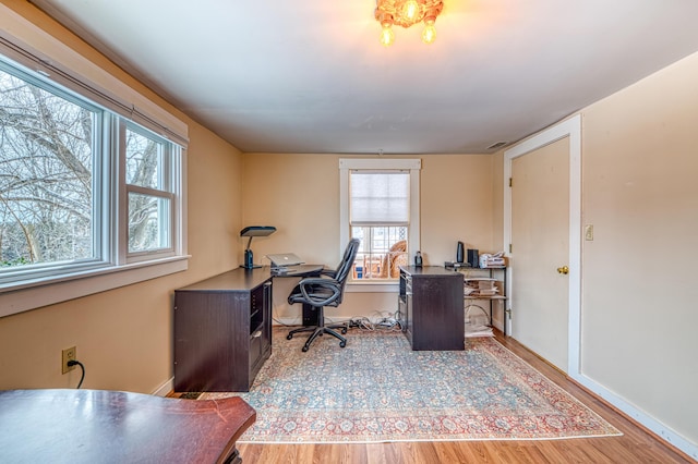 office with wood finished floors, visible vents, and baseboards