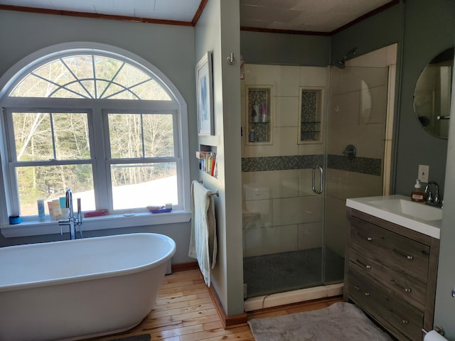 full bathroom featuring plenty of natural light, a shower stall, vanity, and wood-type flooring