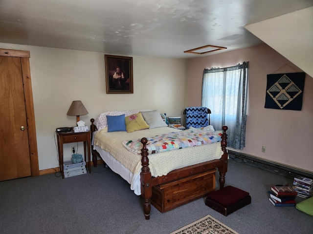 carpeted bedroom featuring baseboards and attic access