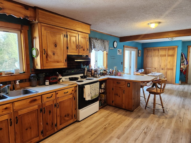 kitchen with under cabinet range hood, a sink, range with electric stovetop, a peninsula, and light countertops