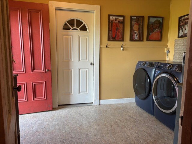 174 Barrett Hill Rd, Union, ME 04862 - laundry area featuring washing machine and clothes dryer, carpet flooring, and baseboards