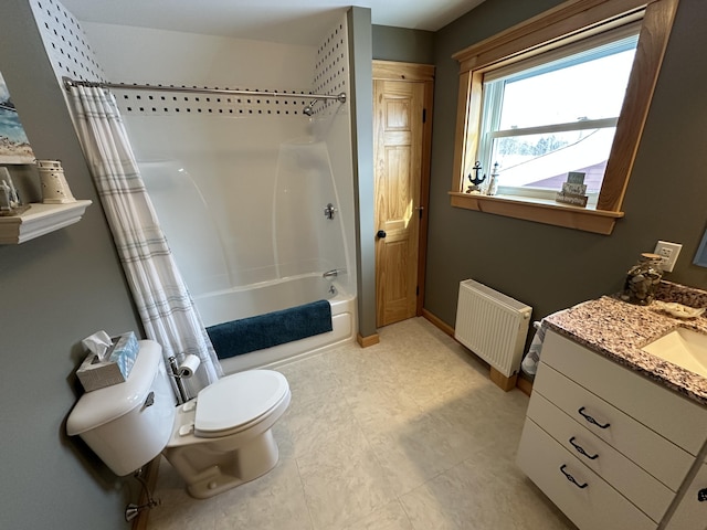 full bathroom with toilet, shower / bathtub combination with curtain, radiator heating unit, and vanity