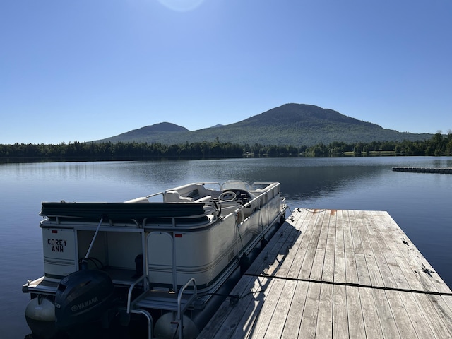 view of dock with a water and mountain view