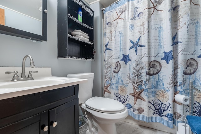 full bathroom featuring marble finish floor, toilet, vanity, and a shower with curtain