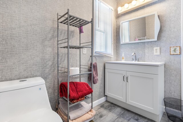 bathroom featuring vanity, toilet, and wood finished floors