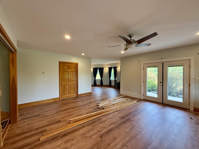 547 Mariaville Rd, Ellsworth, ME 04605 - empty room featuring wood finished floors, recessed lighting, ceiling fan, and french doors