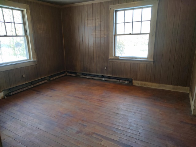 spare room featuring hardwood / wood-style floors, baseboard heating, and wooden walls