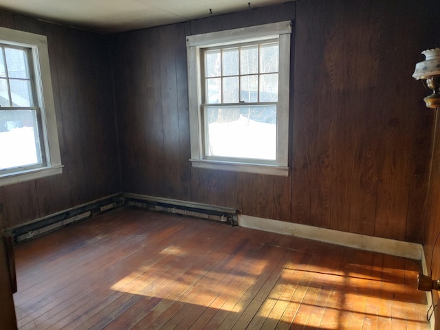 empty room featuring wood-type flooring and wooden walls