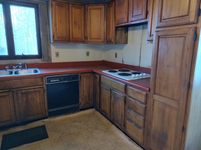 kitchen featuring a sink, white electric cooktop, dishwasher, light floors, and brown cabinetry