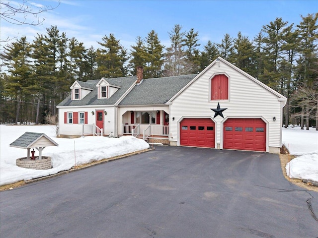 view of front facade featuring covered porch, driveway, a shingled roof, and a garage