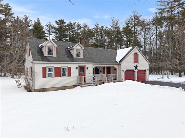 view of front of home with a garage, driveway, a shingled roof, and covered porch