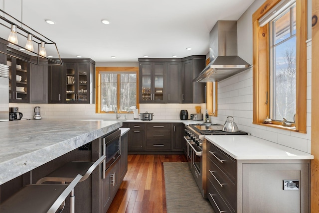 kitchen featuring dark wood finished floors, stainless steel appliances, decorative backsplash, dark brown cabinetry, and wall chimney range hood