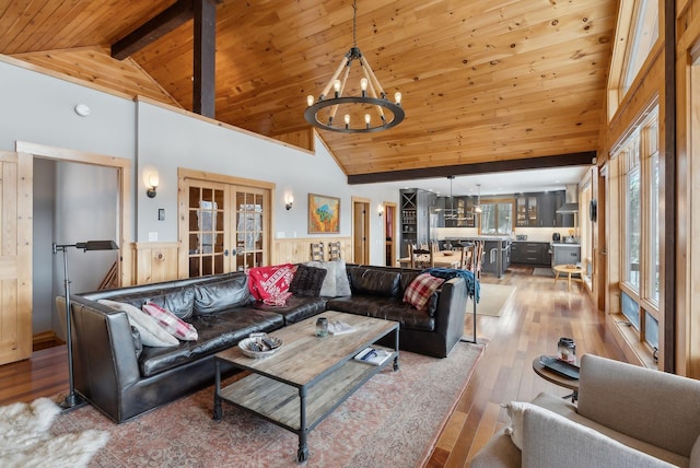 living area with french doors, light wood-type flooring, wooden ceiling, and a notable chandelier