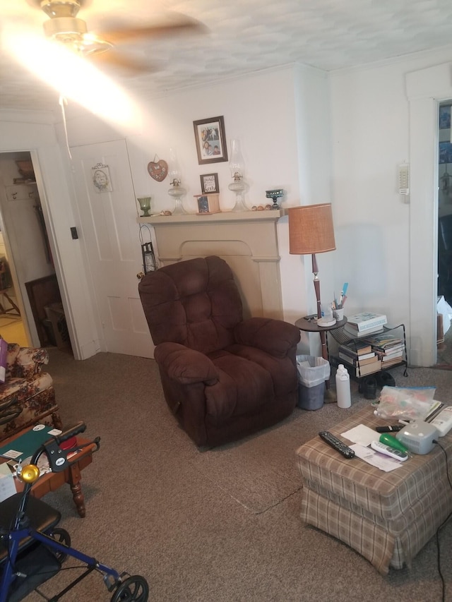 living area featuring carpet flooring and crown molding