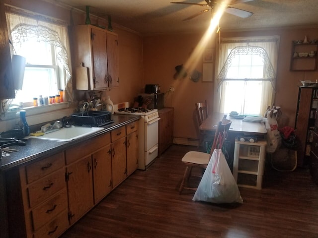 kitchen with a baseboard radiator, a healthy amount of sunlight, a sink, and white gas range