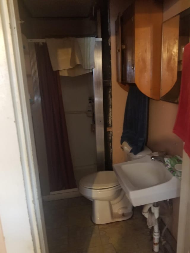 bathroom with a stall shower, a sink, and toilet