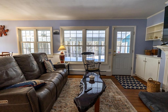 living room with ornamental molding and dark wood-style flooring