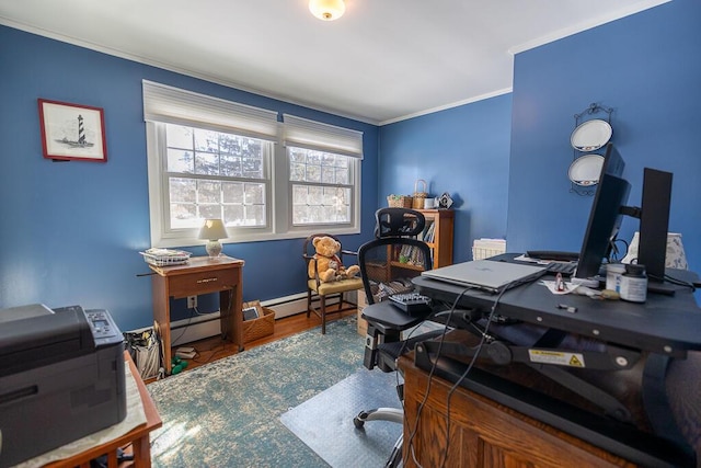 office space with a baseboard radiator, baseboards, crown molding, and wood finished floors