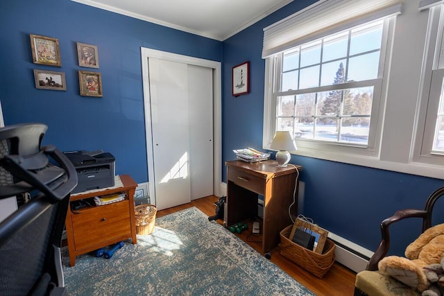 office area featuring wood finished floors and crown molding