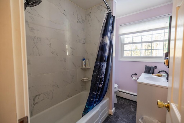 full bath with a baseboard radiator, toilet, vanity, baseboards, and shower / tub combo with curtain